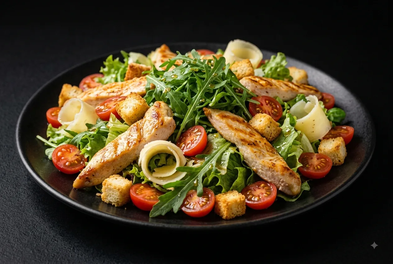 Ensalada de pollo y picatostes