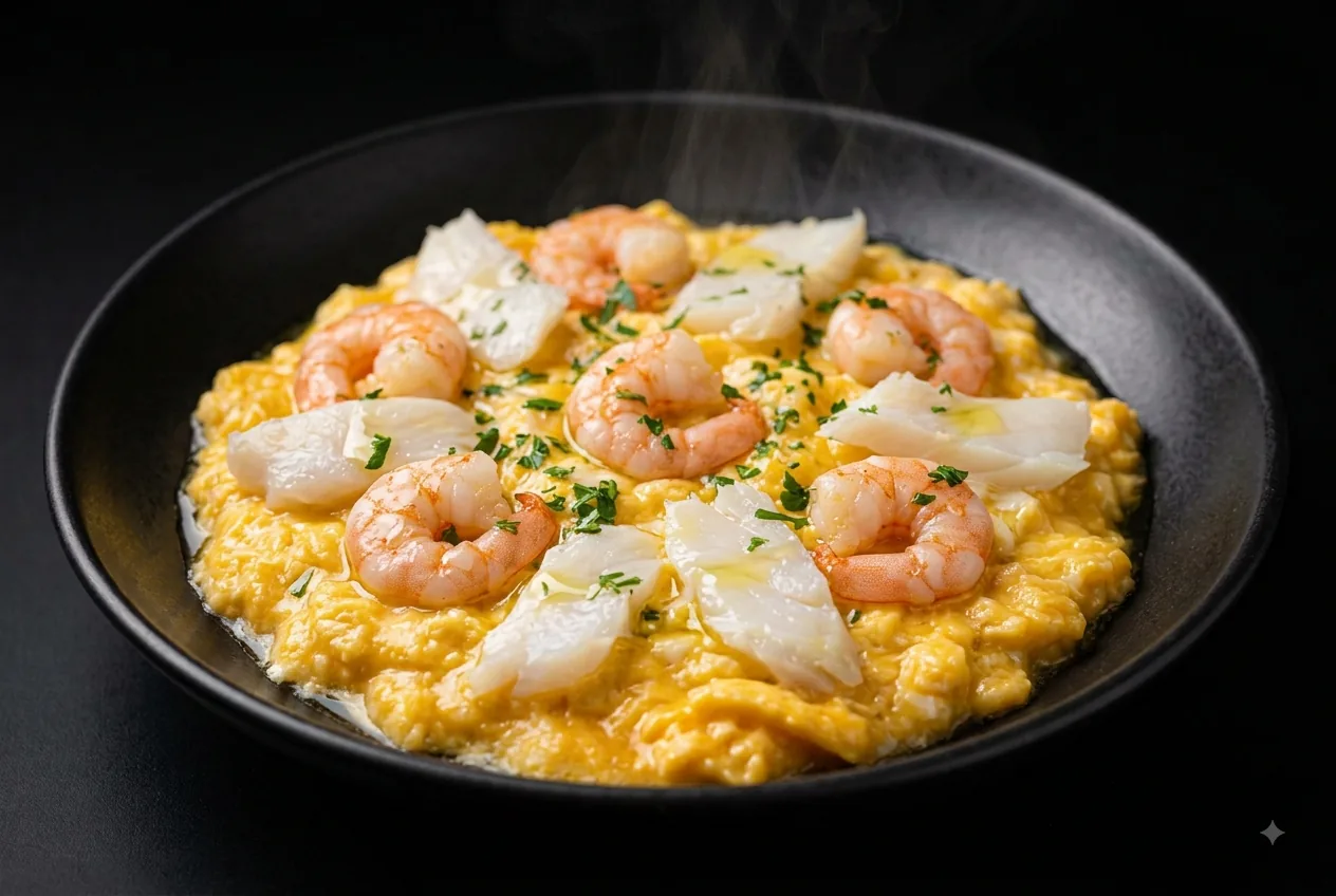 Revuelto de bacalao con gambas